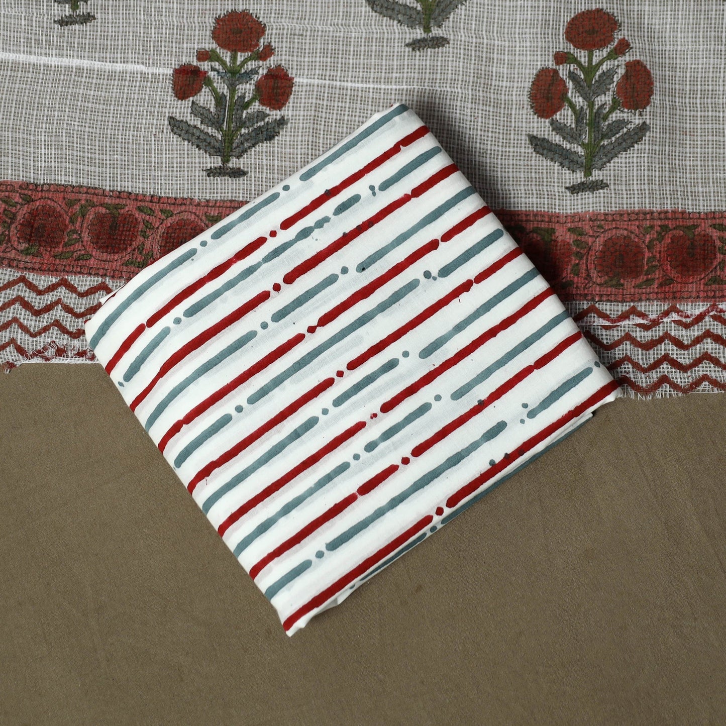 Sanganeri hand block print cotton 3pc unstitched dress