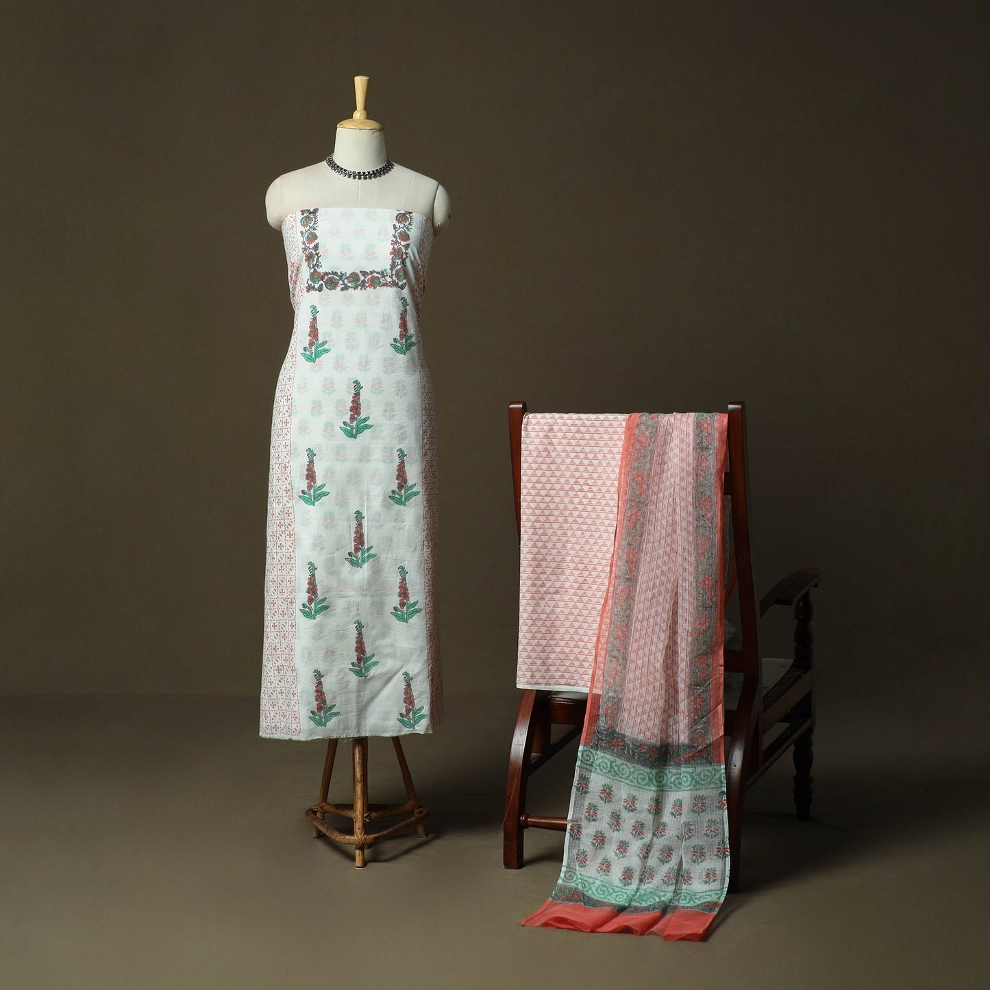 Sanganeri hand block print cotton 3pc unstitched dress