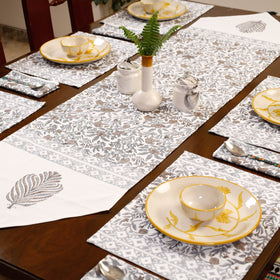 Sanganeri Block Printed Cotton Dining Table Runner, Mats (Set of 6) & Napkins (Set of 6)