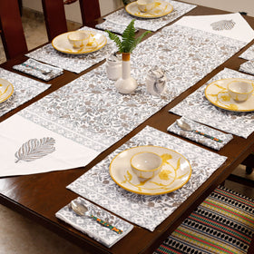 Sanganeri Block Printed Cotton Dining Table Runner, Mats (Set of 6) & Napkins (Set of 6)