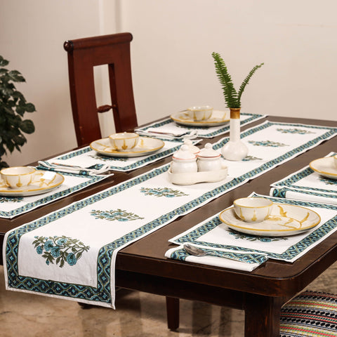 White Sanganeri Print Cotton Table Runner with Mats & Napkins
