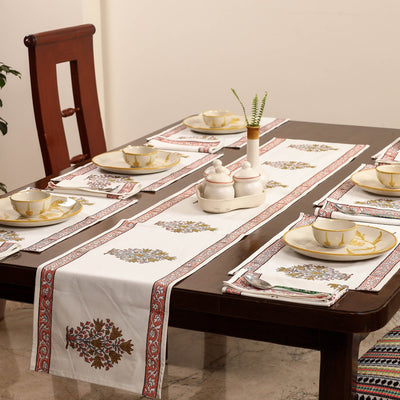 White Sanganeri Print Cotton Table Runner with Mats & Napkins