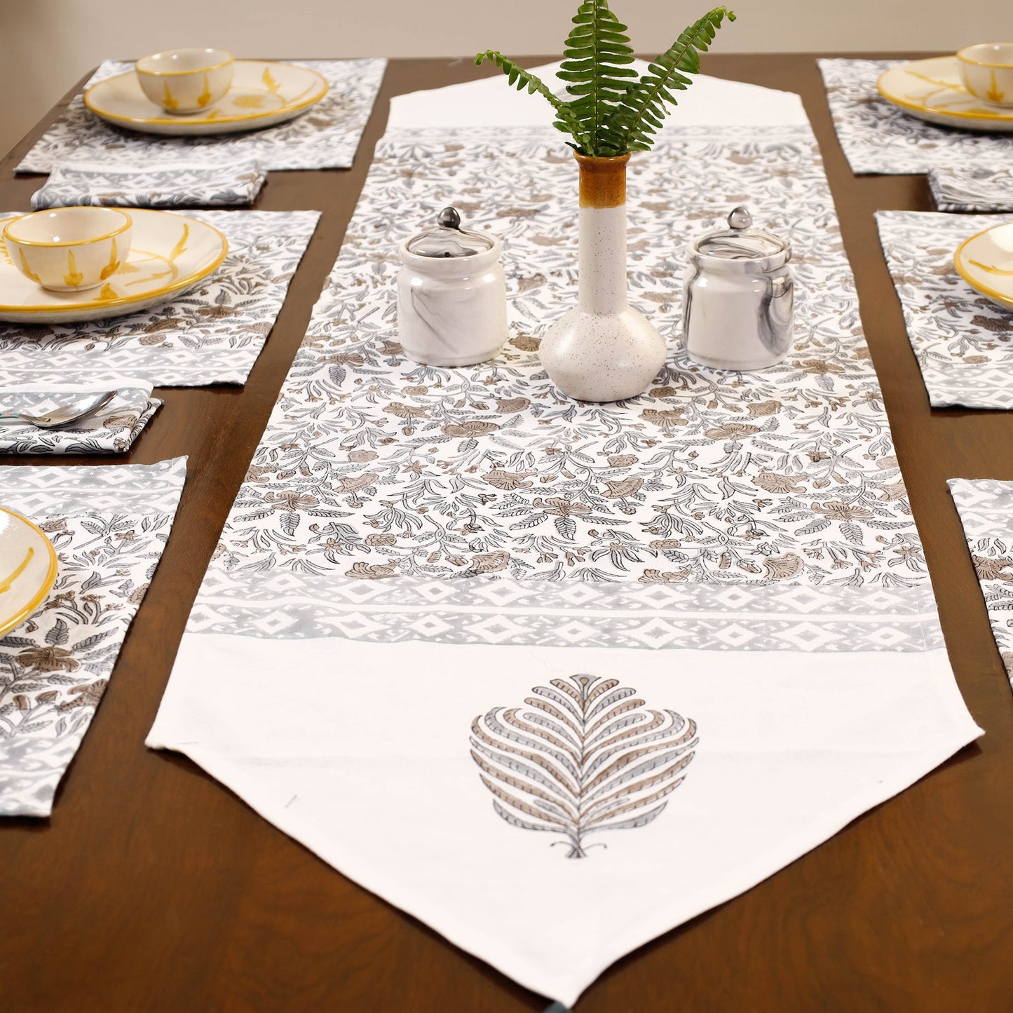 Sanganeri Block Printed Cotton Dining Table Runner, Mats (Set of 6) & Napkins (Set of 6)