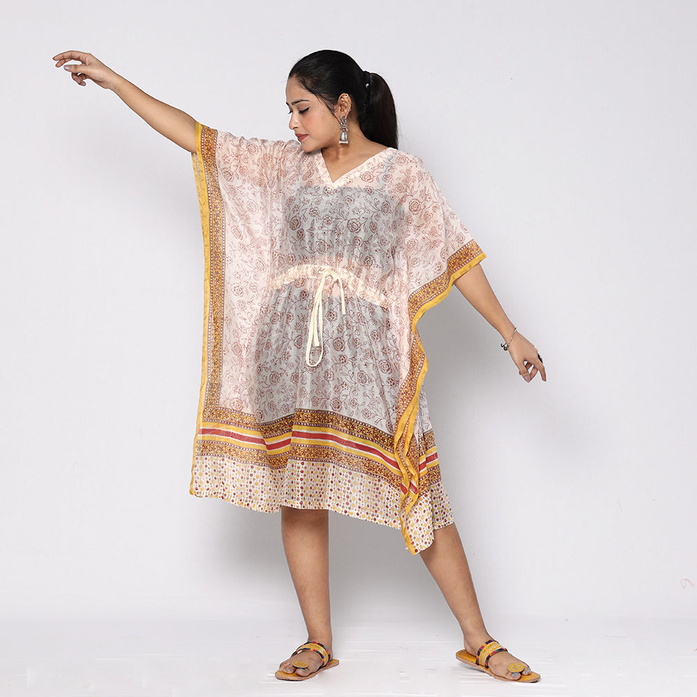 White - Sanganeri Block Printed Chanderi Silk Kaftan with Tie-Up Waist (Medium)