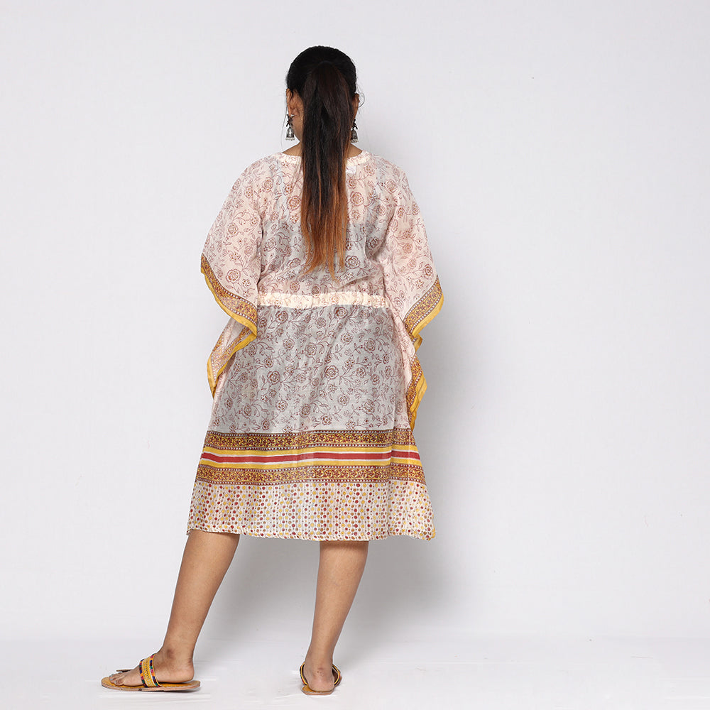 White - Sanganeri Block Printed Chanderi Silk Kaftan with Tie-Up Waist (Medium)