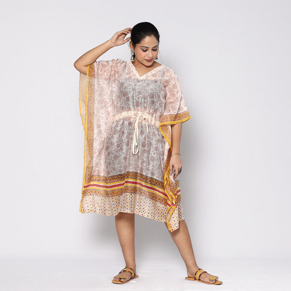 White - Sanganeri Block Printed Chanderi Silk Kaftan with Tie-Up Waist (Medium)