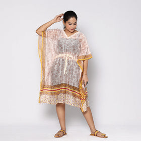 White - Sanganeri Block Printed Chanderi Silk Kaftan with Tie-Up Waist (Medium)