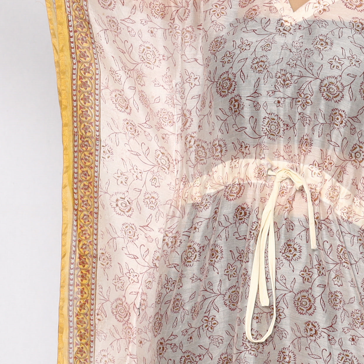 White - Sanganeri Block Printed Chanderi Silk Kaftan with Tie-Up Waist (Medium)