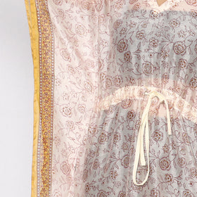 White - Sanganeri Block Printed Chanderi Silk Kaftan with Tie-Up Waist (Medium)
