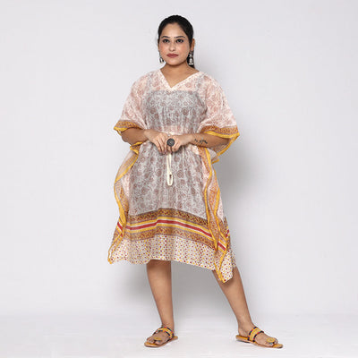 White - Sanganeri Block Printed Chanderi Silk Kaftan with Tie-Up Waist (Medium)