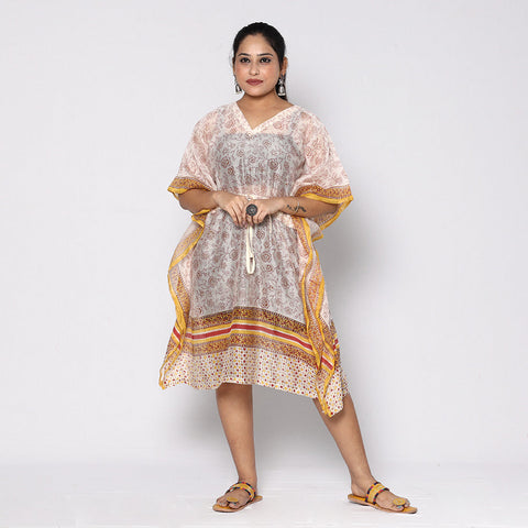 White - Sanganeri Block Printed Chanderi Silk Kaftan with Tie-Up Waist (Medium)