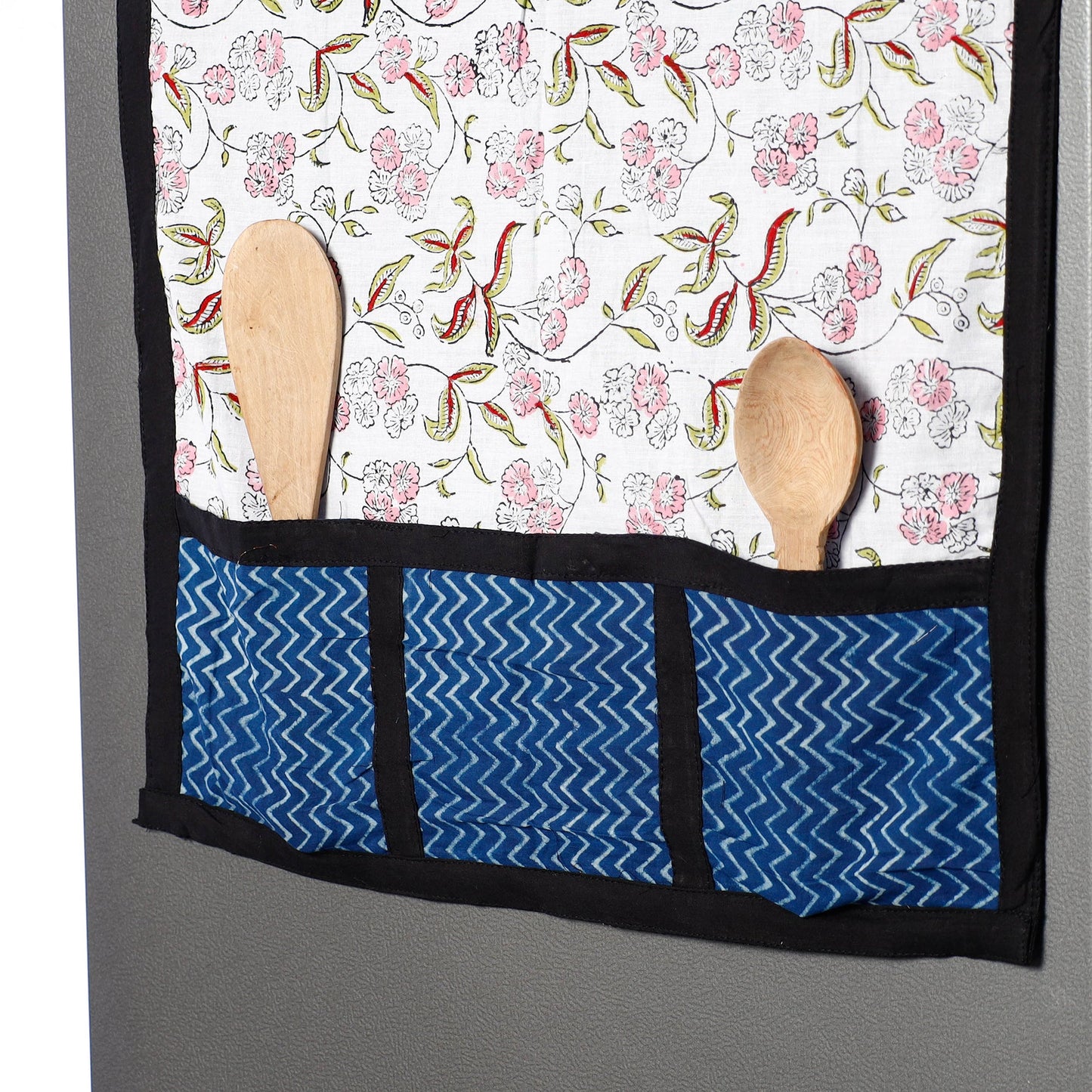 White Sanganeri Block Printed Cotton Fridge Top Cover with Multiple Pockets 