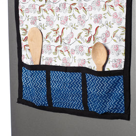 White Sanganeri Block Printed Cotton Fridge Top Cover with Multiple Pockets 
