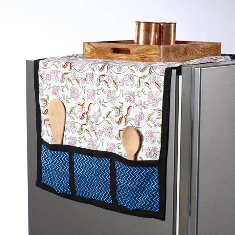 White Sanganeri Block Printed Cotton Fridge Top Cover with Multiple Pockets 
