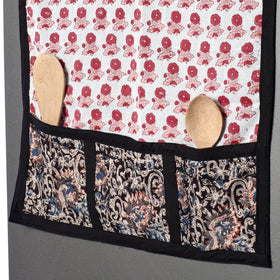  White Sanganeri Block Printed Cotton Fridge Top Cover with Multiple Pockets