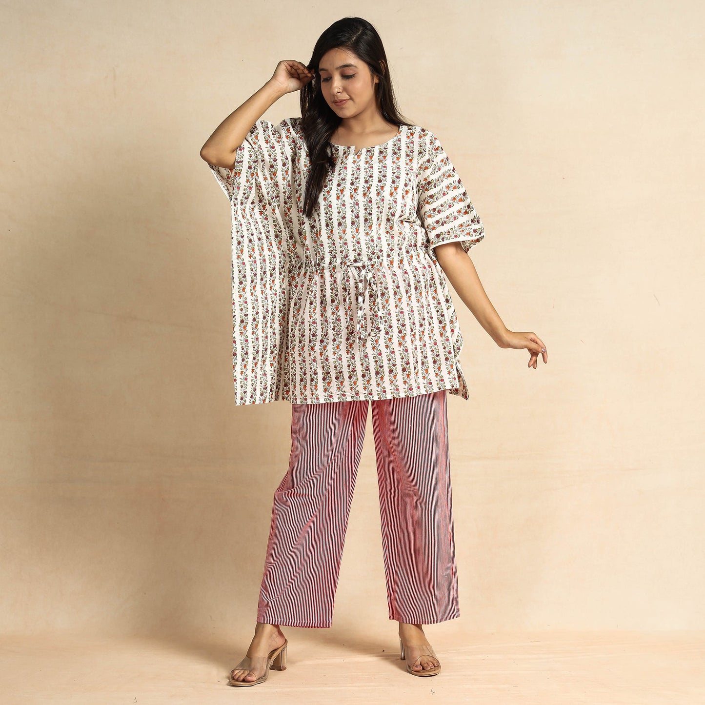 Buy Sanganeri Block Printed Cotton Kaftan & Pyjama Night Suit Set Online at iTokri.com