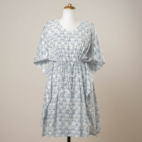 White - Sanganeri Printed Cotton Kaftan with Tie-Up Waist (Medium)