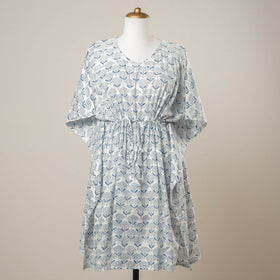 White - Sanganeri Printed Cotton Kaftan with Tie-Up Waist (Medium)