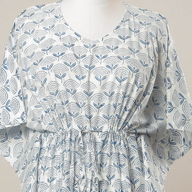 White - Sanganeri Printed Cotton Kaftan with Tie-Up Waist (Medium)