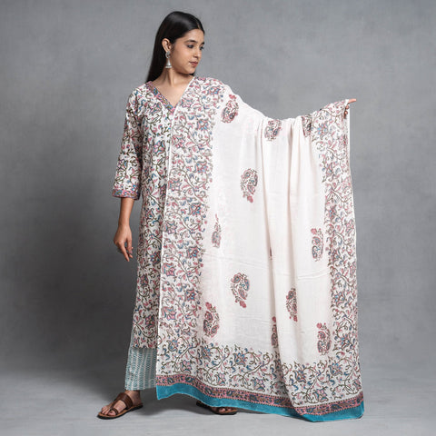 Buy Sanganeri Block Printed Cotton Kurta with Palazzo & Dupatta Set Online at iTokri.com