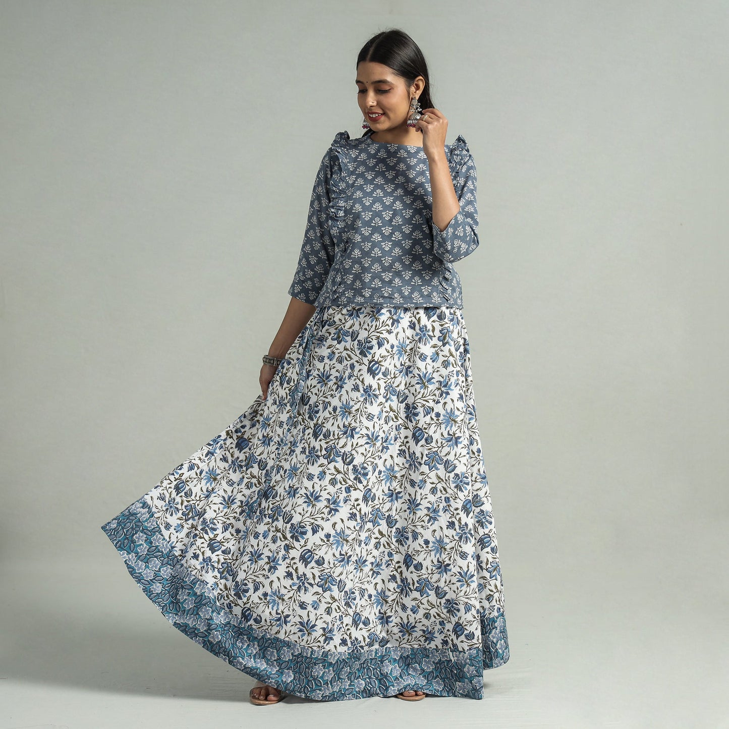 White Sanganeri Block Printed Cotton Long Skirt
