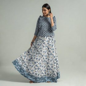 White Sanganeri Block Printed Cotton Long Skirt
