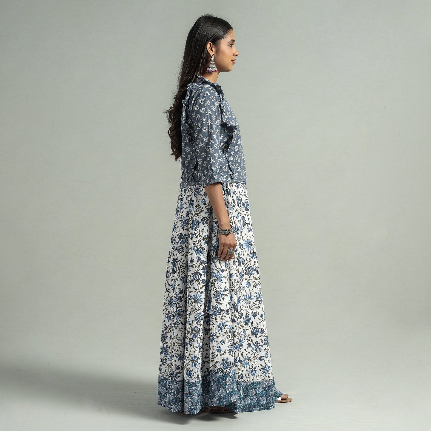 White Sanganeri Block Printed Cotton Long Skirt