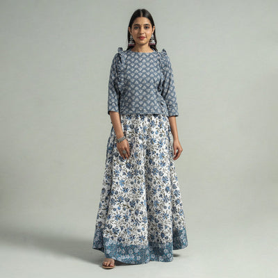 White Sanganeri Block Printed Cotton Long Skirt