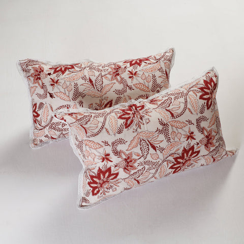 BuySanganeri Block Printed Cotton Pillow Cover With Lace (26 x 16 in) - Set of 2 