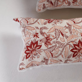 BuySanganeri Block Printed Cotton Pillow Cover With Lace (26 x 16 in) - Set of 2 