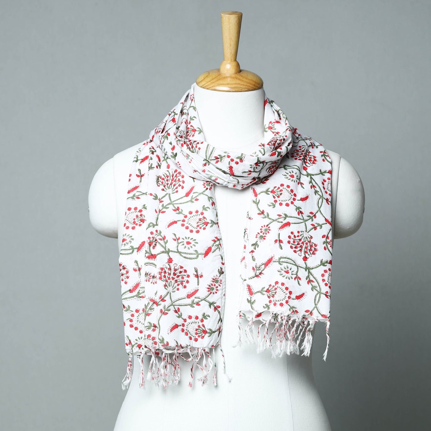  Sanganeri Block Printed Cotton Stole with Tassels 88 