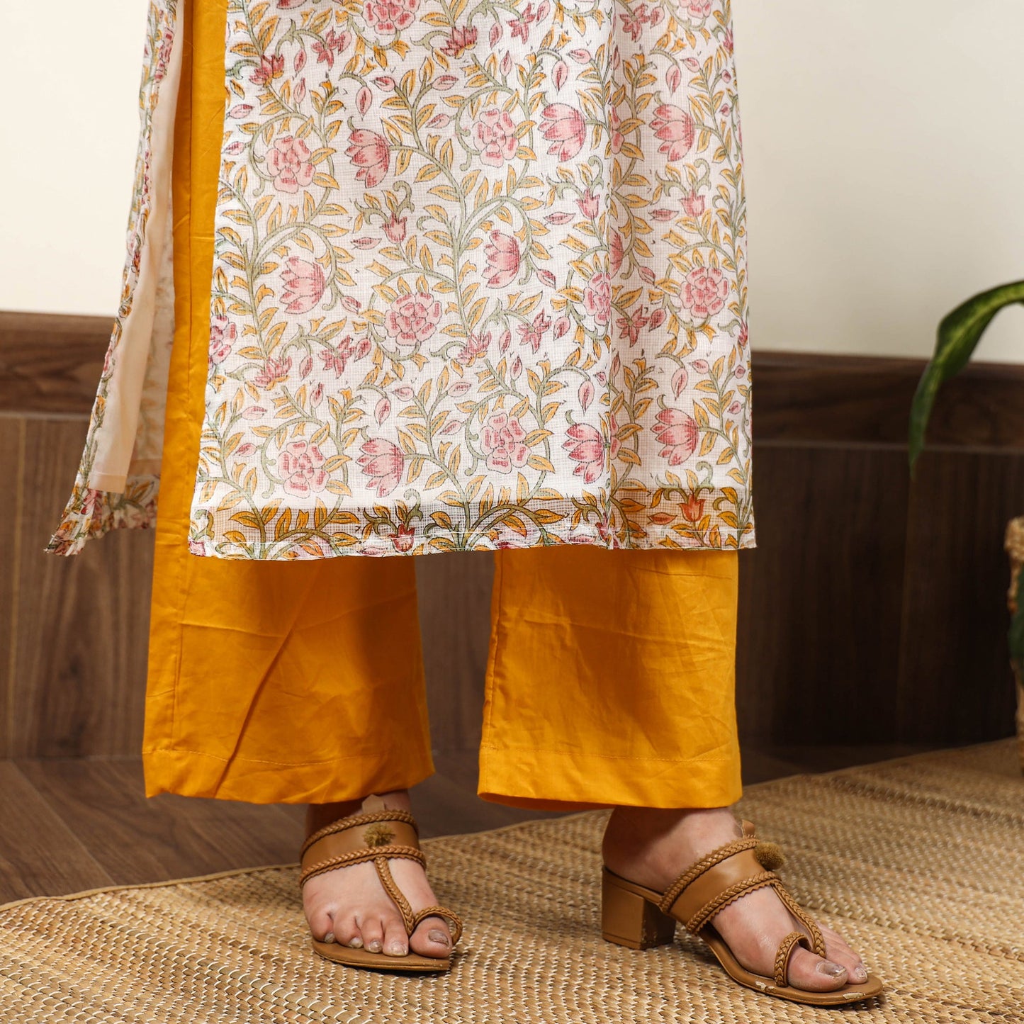 Buy Sanganeri Block Printed Kota Doria Kurta with Palazzo & Dupatta Set 04 Online at iTokri.com