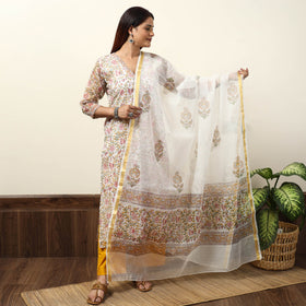 Buy Sanganeri Block Printed Kota Doria Kurta with Palazzo & Dupatta Set 04 Online at iTokri.com