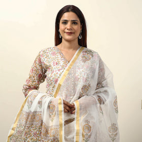 Buy Sanganeri Block Printed Kota Doria Kurta with Palazzo & Dupatta Set 04 Online at iTokri.com