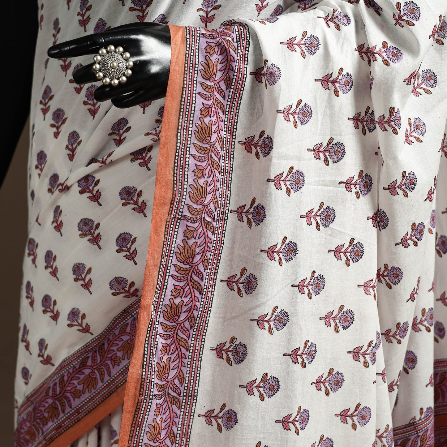 White - sanganeri printed mul cotton saree - handcrafted
