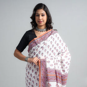 Buy Block Printed Mul Cotton Sanganeri Saree