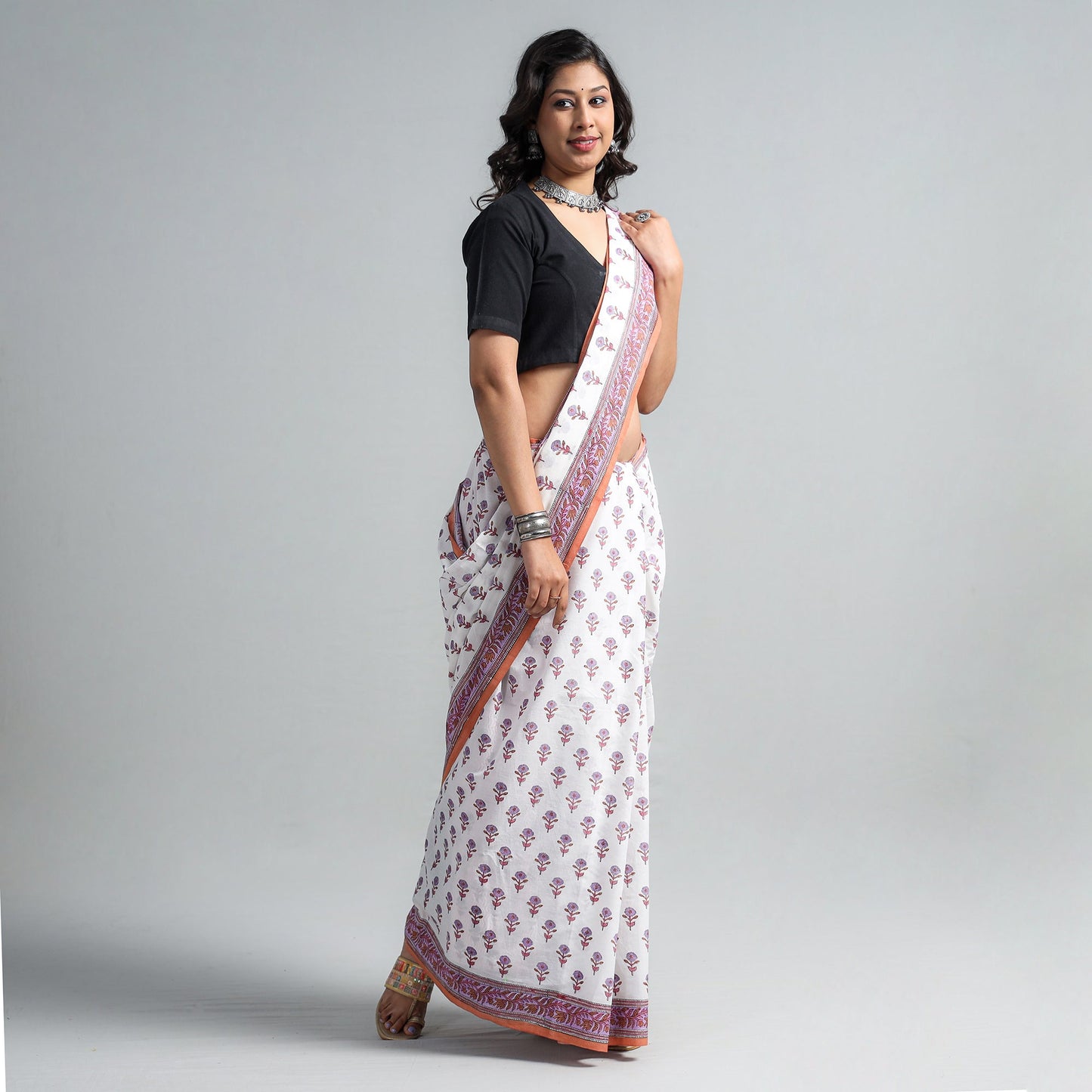 Buy Block Printed Mul Cotton Sanganeri Saree