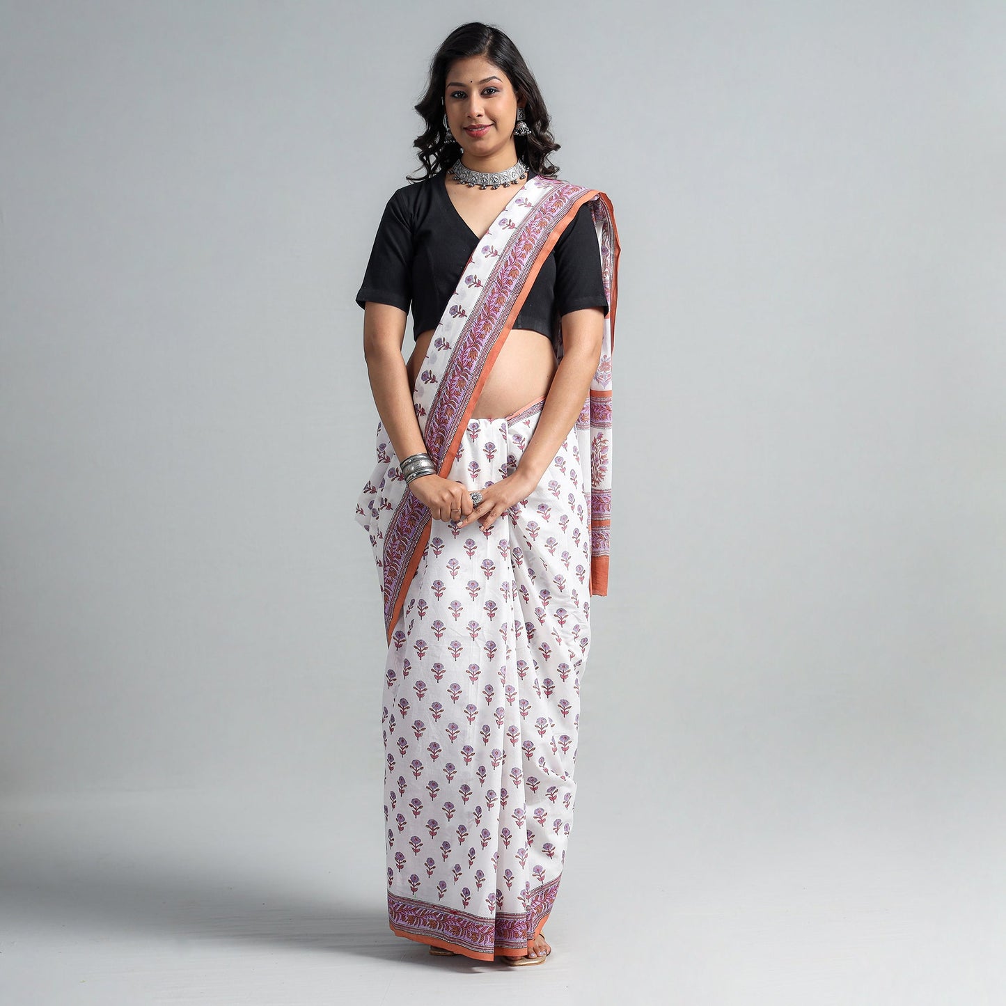 Buy Block Printed Mul Cotton Sanganeri Saree