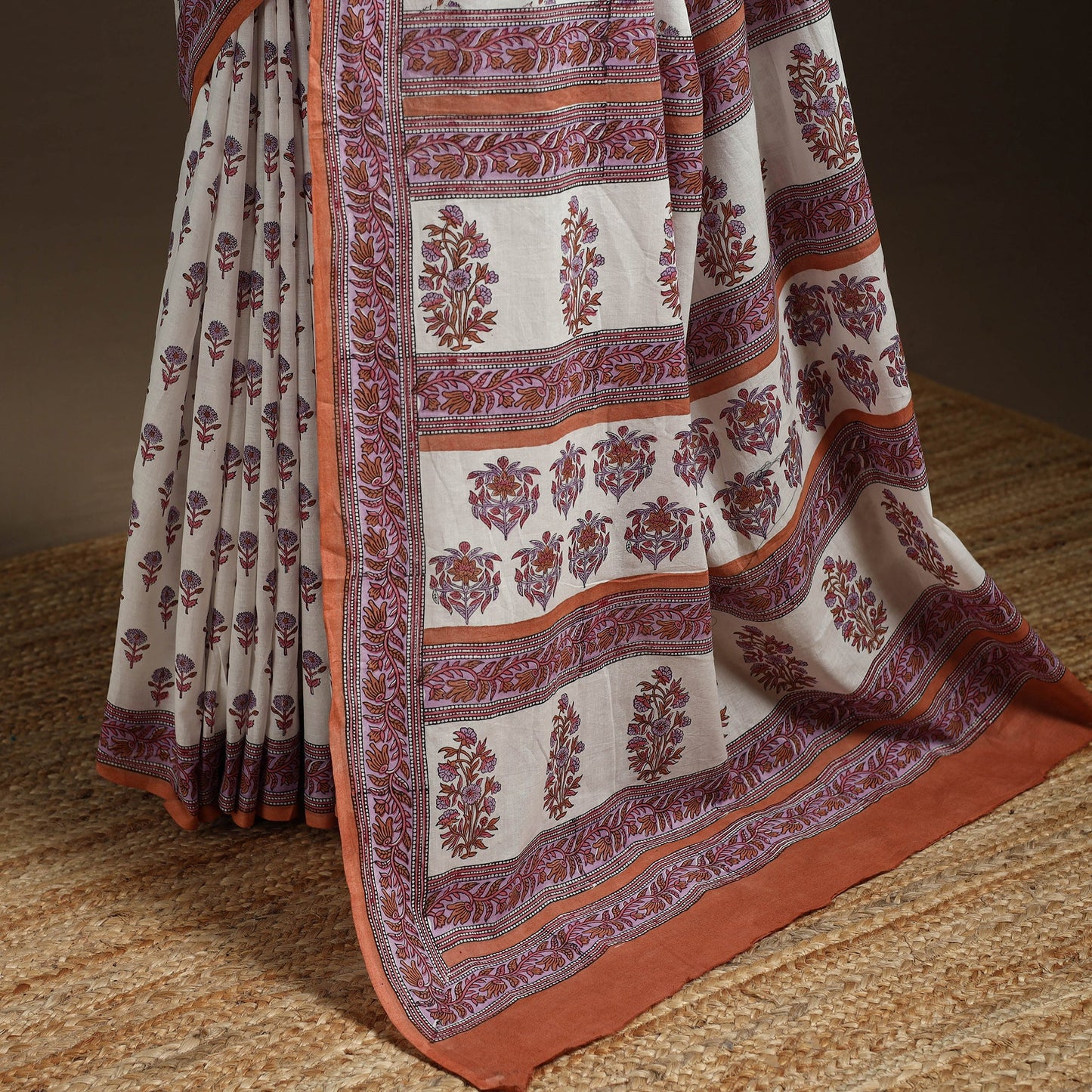 White - sanganeri printed mul cotton saree - handcrafted