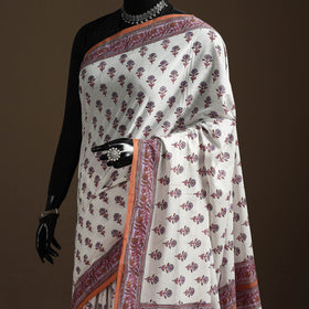 White - sanganeri printed mul cotton saree - handcrafted