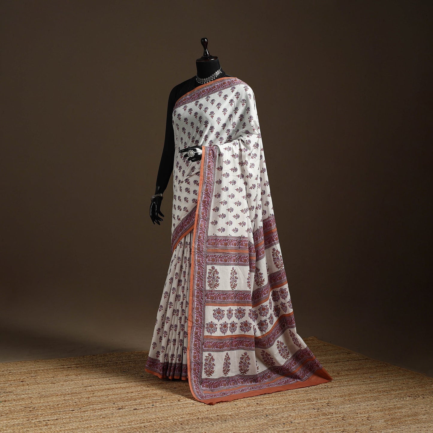 White - sanganeri printed mul cotton saree - handcrafted