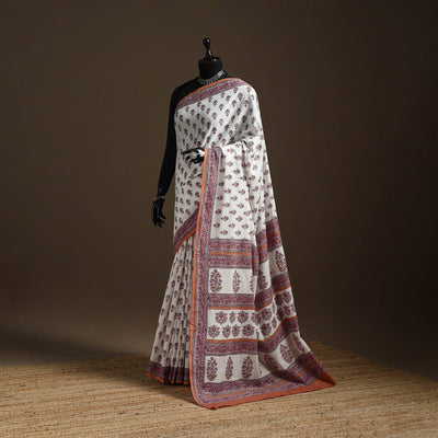White - sanganeri printed mul cotton saree - handcrafted