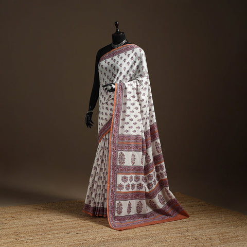 White - sanganeri printed mul cotton saree - handcrafted