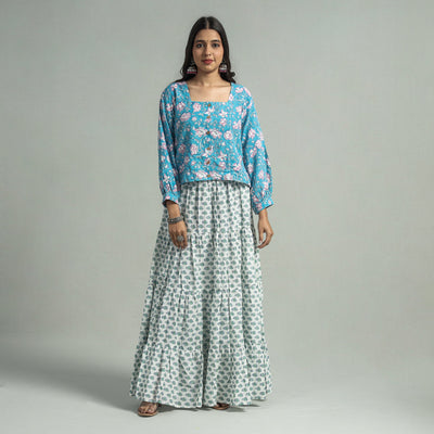 White Sanganeri Block Printed Tiered Cotton Long Skirt 