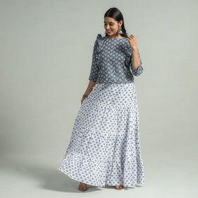 White - Sanganeri Block Printed Tiered Cotton Long Skirt