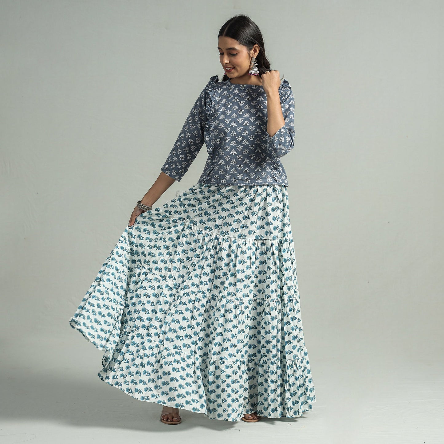 Sanganeri Block Printed Tiered Cotton Long Skirt 