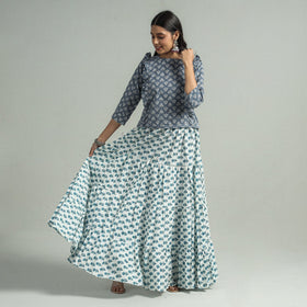 Sanganeri Block Printed Tiered Cotton Long Skirt 