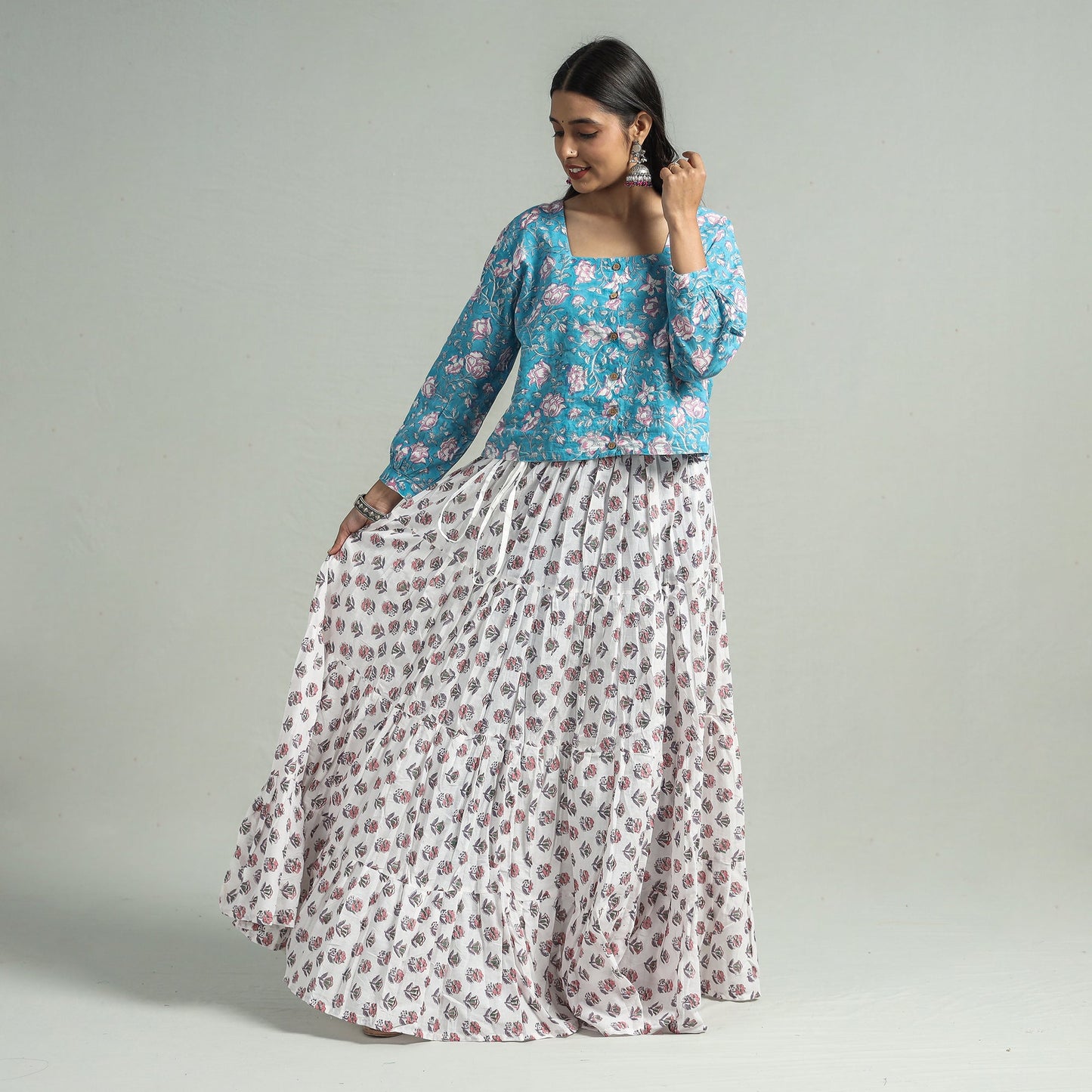 White Sanganeri Block Printed Tiered Cotton Long Skirt 