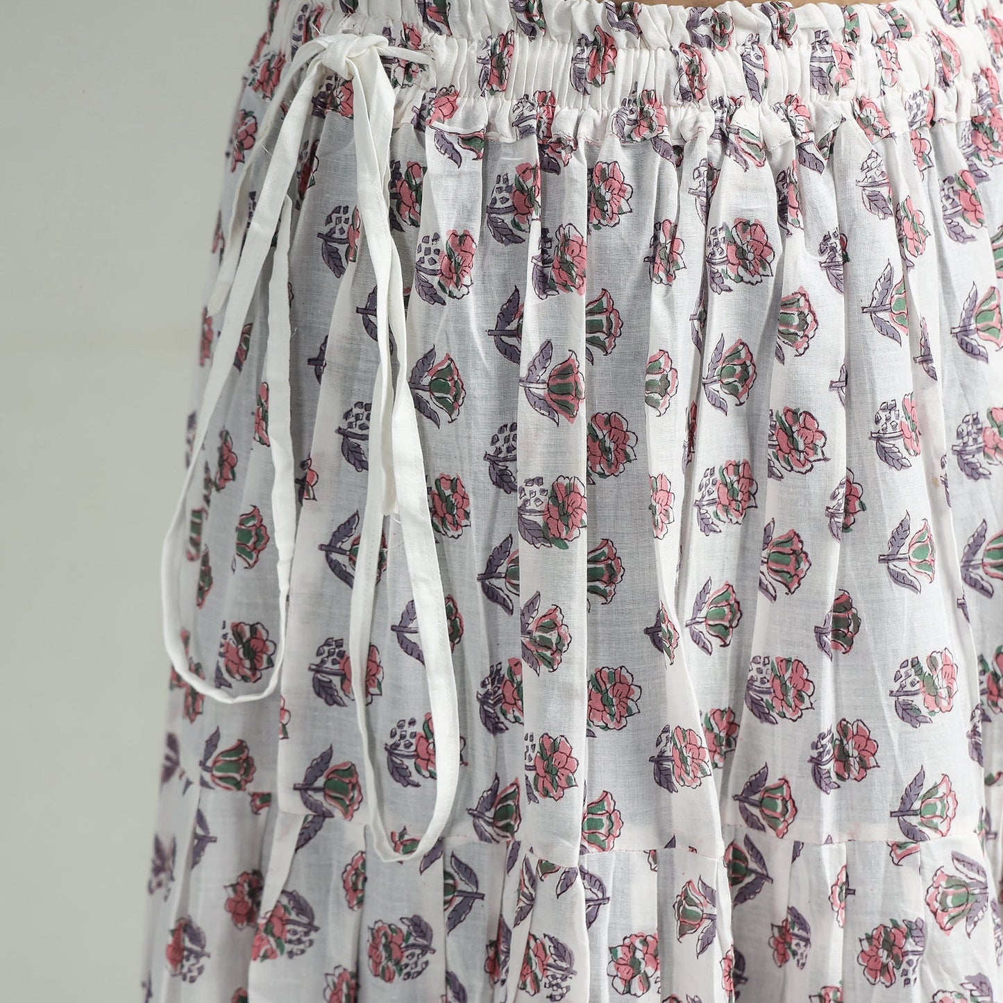 White Sanganeri Block Printed Tiered Cotton Long Skirt 