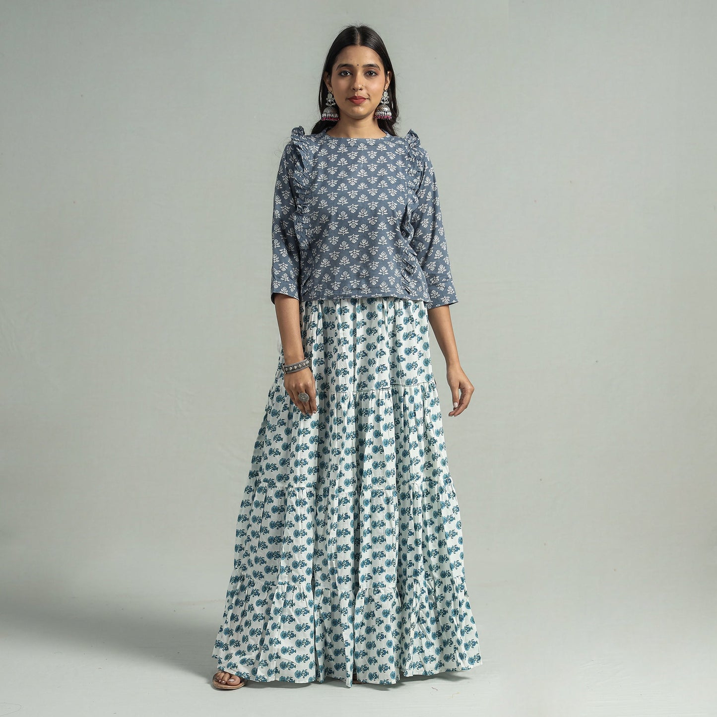 Sanganeri Block Printed Tiered Cotton Long Skirt 